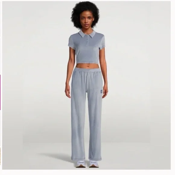 Alo Yoga✨Choice Velour Polo✨Short Sleeve Crop Henley✨Steel Blue✨Size S - Picture 3 of 10